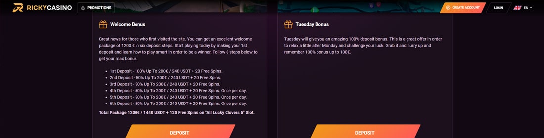 ricky casino bonus codes