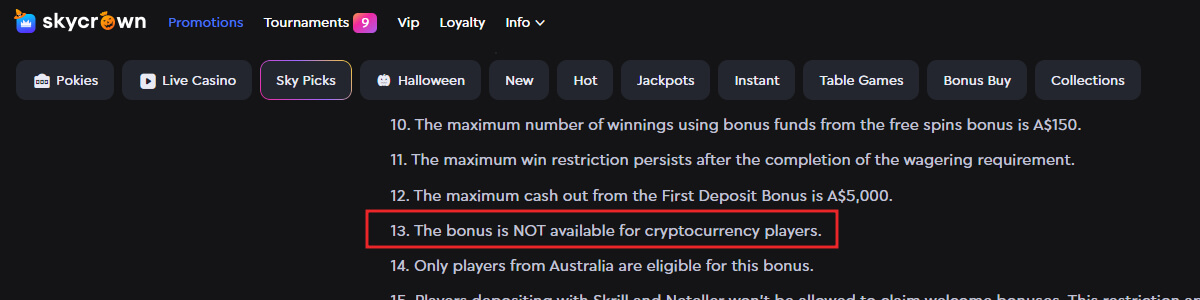 Casino welcome bonus is not allowed via crypto